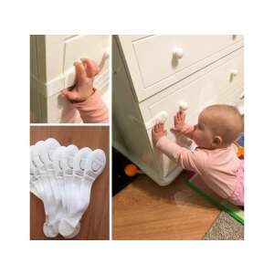White cabinet and drawer safety locks in use, childproofing furniture - Baby Safety Lock