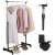 Black clothes rack with wheels, adjustable height, for hanging clothes and storing shoes