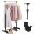 Black clothes rack with wheels, adjustable height, for hanging clothes and storing shoes