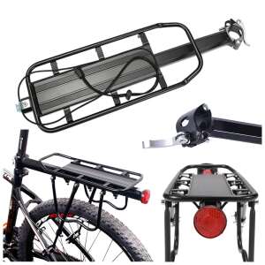 Čierny zadný nosič na bicykel s reflektorom, zobrazený z rôznych uhlov - Šport a voľný čas