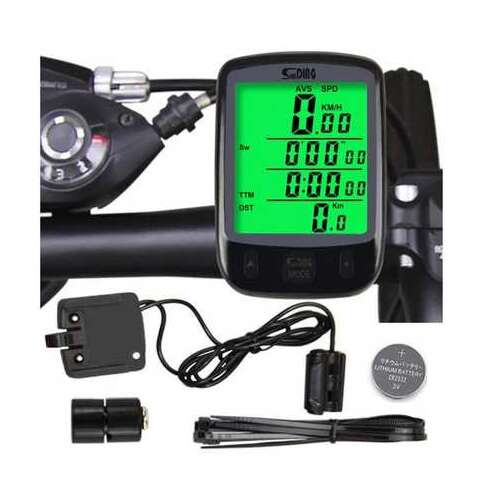 SunDing kerékpár számítógép zöld háttérvilágítással, sebesség, távolság, idő és egyéb funkciók megjelenítésével