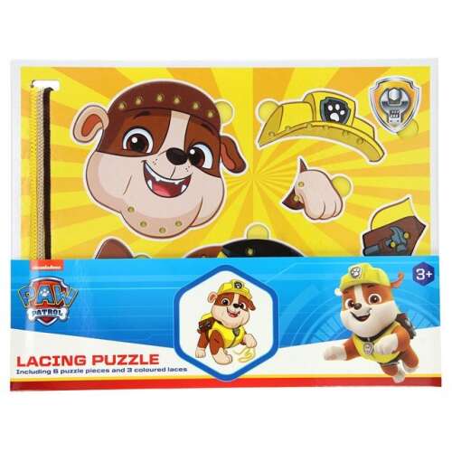 Paw Patrol fűzős kirakós Rubble-lal, 7 darabos kirakós 3 fűzővel