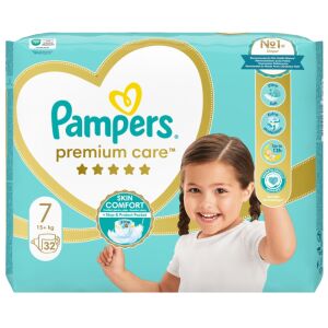 Pampers Premium Care diapers size 7, 32 count, for babies 15+ kg, with skin comfort and stop & protect features