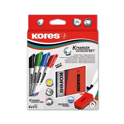 Tábla- és flipchart marker készlet mágneses táblatörlő szivaccsal, 3-5 mm, vágott, KORES "XW2", 4 különböző szín 122871861
