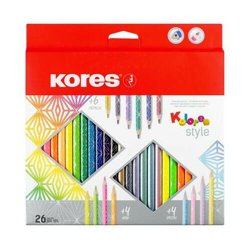 KORES Kolores Style 26 színű háromszögletű színes ceruza készlet rajzoláshoz és színezéshez
