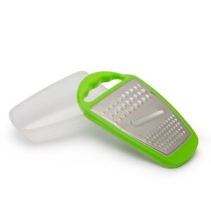 Three-sided grater with container, green and white, angled view - Flat file