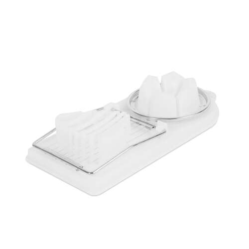 White plastic egg slicer with stainless steel blades, 19 x 8 cm