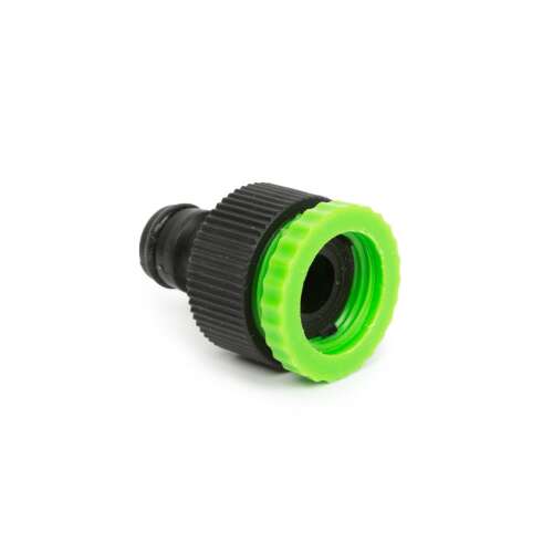Green and black tap connector for garden hose, 1/2 inch to 3/4 inch
