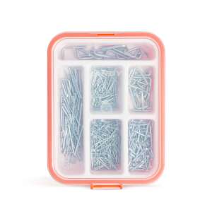 Assortment of nails and hooks in a plastic container - Nail