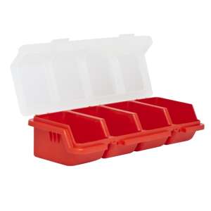 Red plastic organizer box with 4 compartments and transparent lid, 315 x 110 x 70 mm - Tool & Part Organizer