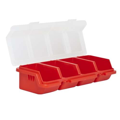 Red plastic organizer box with 4 compartments and transparent lid, 315 x 110 x 70 mm