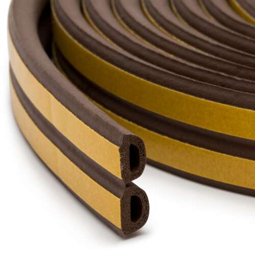 Brown self-adhesive door and window seal, D profile, 9mm wide, 6m long