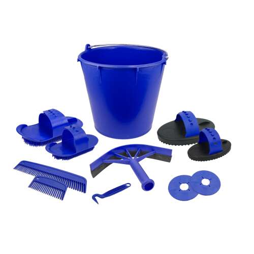 Vplast Lóápolás készlet, 10 darab sötétkék vödörben, tartalmaz curry fésűket, keféket, pata szedőt, verejtékkaparót és még sok mást