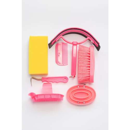 Lóápolási készlet, 7 darabos, rózsaszín kefék, curry fésű, szivacs, sörényfésű, patakaparó