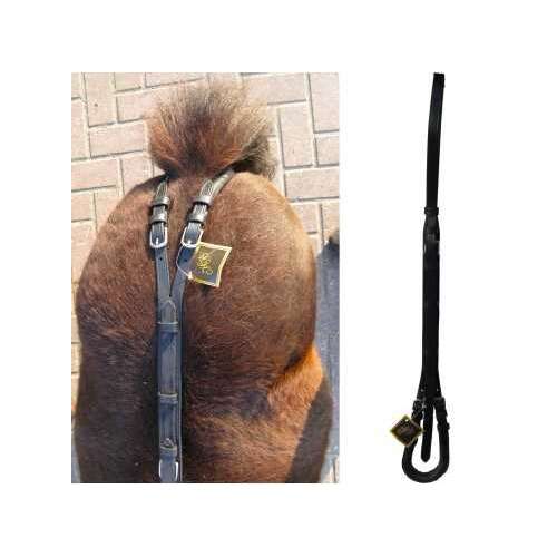 HB Farokszíj lófarokpánt, fekete bőr, rozsdamentes acél szerelvényekkel, shetland és kis pónik számára