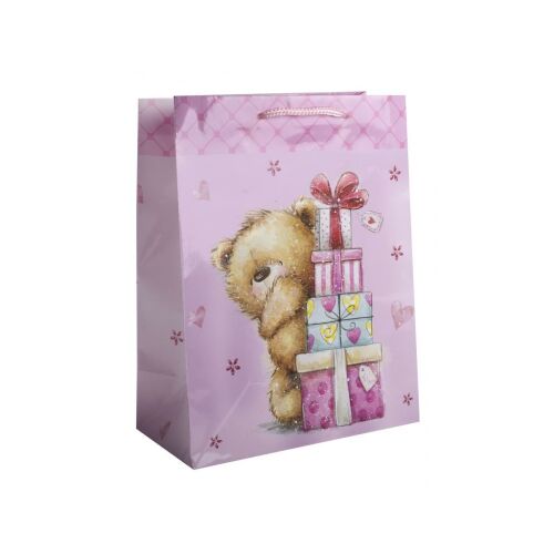 Sac de cadou roz cu ursuleț și cadouri, 18x23 cm
