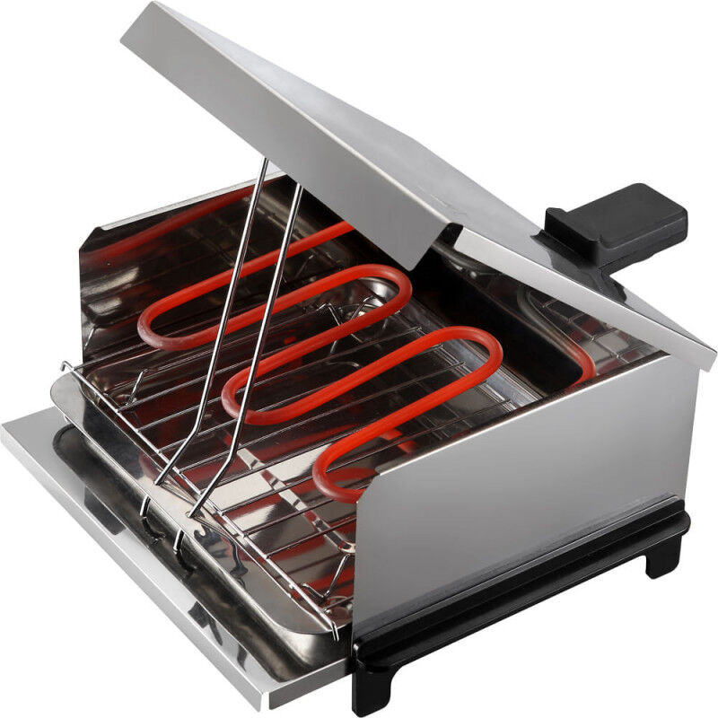 Party grill Rosberg R51015A, 800 W, Zsíros tepsi, Levehető fedél, Ezüst