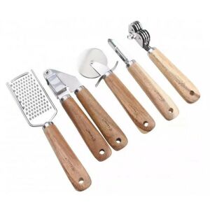 Set de ustensile de bucătărie Kassel, 5 piese, cu mânere din lemn de acacia, inclusiv răzătoare, presă de usturoi, tăietor de pizza, curățător și ascuțitor de cuțite - Seturi de ustensile de bucătărie
