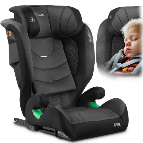 Nukido Louis Soft autósülés ISOFIX rendszerrel, fekete és szürke, oldalnézetben alvó gyermekkel