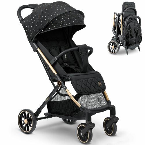 Nukido Paseo stroller, full view and folded view, compact travel stroller
