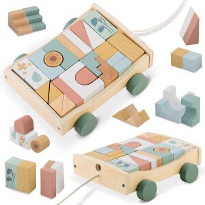 Nukido wooden pull-along blocks cart with assorted pastel-colored blocks - Baby Walker, Push & Pull Toy and Developmental Toy for Toddler