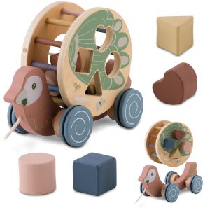 Jucărie de tras papagal din lemn Nukido cu sortator de forme, jucărie de dezvoltare pentru copii mici - Jocuri de sortare a formelor