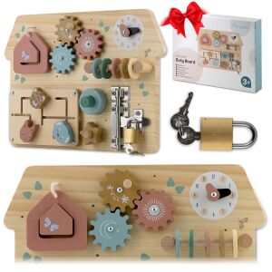 Tablă de activități din lemn Nukido cu diverse activități pentru bebeluși, inclusiv ceas, angrenaje, încuietoare, zăvor, labirint și rulou de mărgele - Jocuri de dezvoltare pentru copii mici