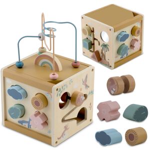 Nukido Holz Aktivitätswürfel mit Perlenlabyrinth, Formensortierer und Tierpuzzles - Babywalker, Lauflernhilfen und Entwicklungsspiele für Kleinkinder