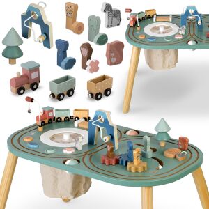 Nukido wooden sensory railway table with train, animals, and activity blocks - Train, rail element, motorway