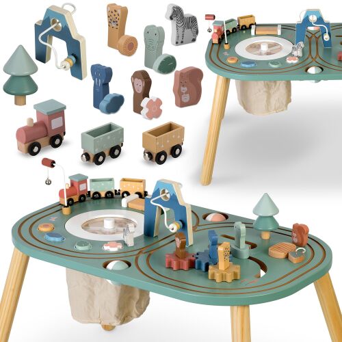 Nukido wooden sensory railway table with train, animals, and activity blocks