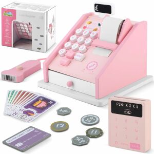 Ricokids wooden toy Cash machine with banknotes and coins - White, Pink 112866775 - Shop Playset, Shopping