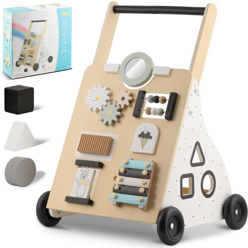 Ricokids Interaktiver Gehwagen - Blau, hölzerner Gehwagen mit mehreren Aktivitäten für Babys, darunter Zahnräder, Abakus, Spiegel, Xylophon, Formsortierer und mehr