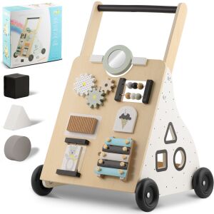 Ricokids Interaktivni Hodalica - Plava, drvena hodalica s više aktivnosti za bebe, uključujući zupčanike, abakus, ogledalo, ksilofon, sortiranje oblika i još mnogo toga - Guralica