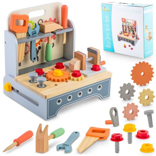 Ricokids wooden workbench toy with tools, gears, and screws