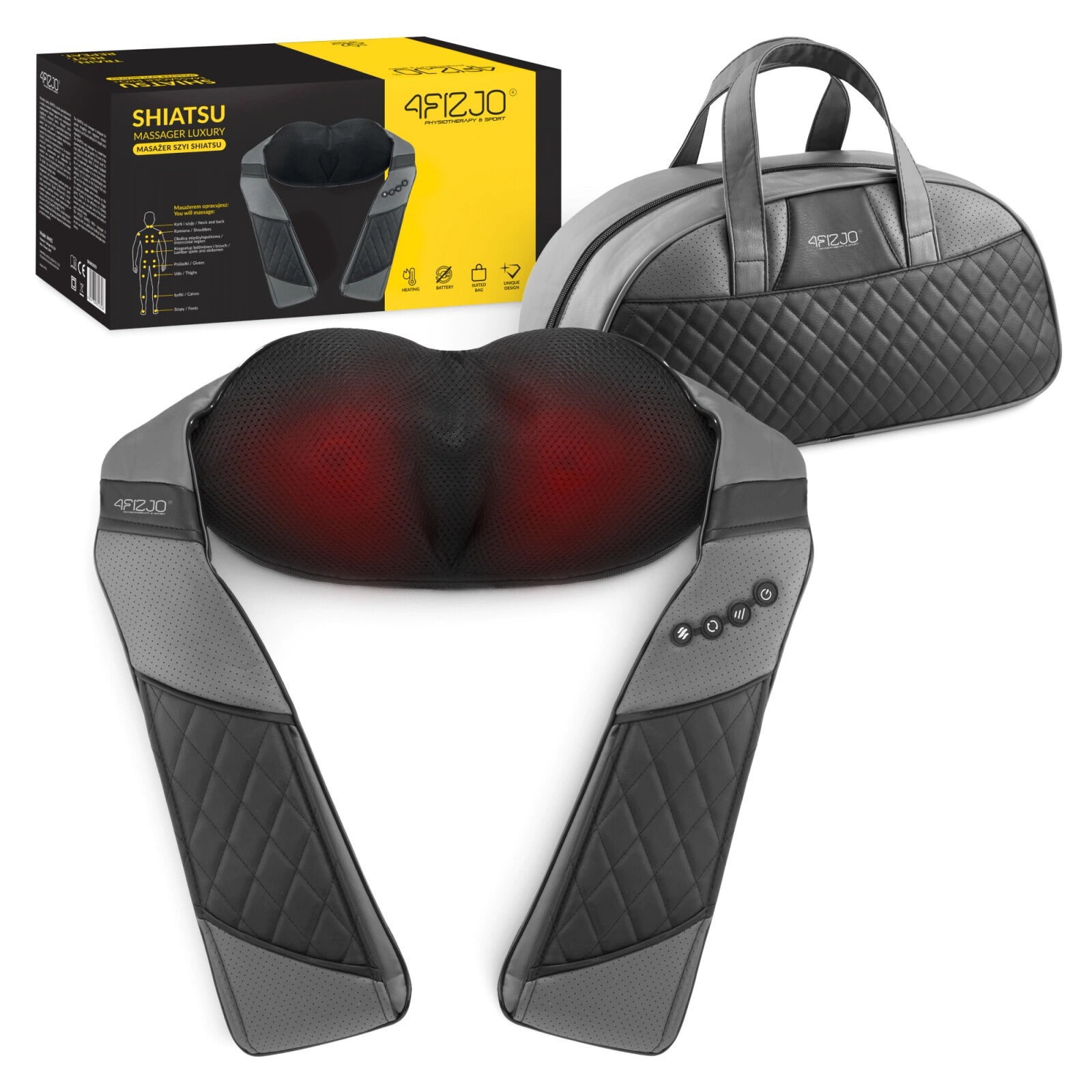 4FIZJO SHIATSU LUXURY+ Bezdrôtový masážny prístroj na chrbát a krk s taškou, 3 režimy, 24 W - sivý