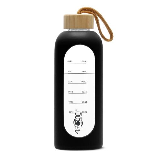 4FIZJO 750ml fekete üveg vizes palack időjelölésekkel és bambusz fedéllel