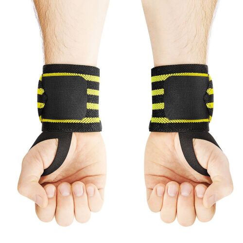 4FIZJO wrist wraps in use, black and yellow striped, weightlifting wrist support