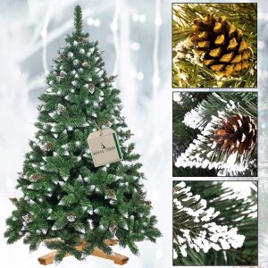 Kollázs a ROYAL TREES Prémium Gyémánt Borovi Fenyő karácsonyfáról 180 cm-es, közelképekkel a hóval borított tűlevelekről - Springos