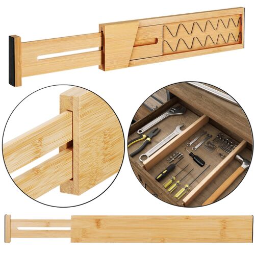 Springos Bamboo Drawer Divider collage with detail and usage example
