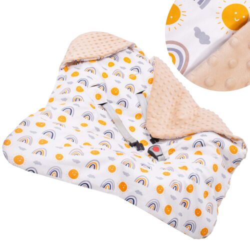 Springos Sb0051 car seat blanket with hood, beige with rainbow and sun pattern