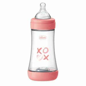 Chicco Perfect5 240ml baby bottle with medium flow nipple, pink accents - Babies & Toddler