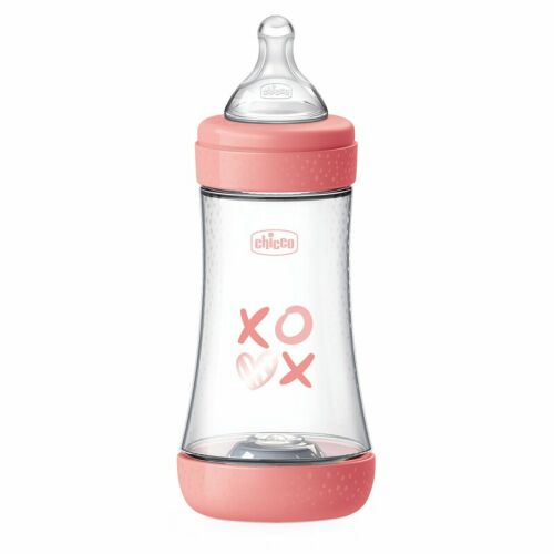 Chicco Perfect5 240ml baby bottle with medium flow nipple, pink accents
