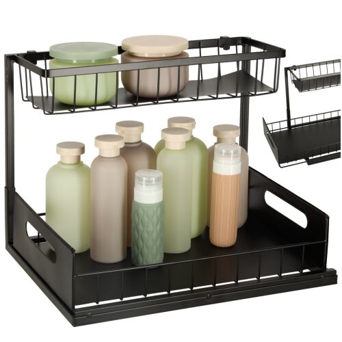 Black metal under sink organizer with two shelves for double cabinet