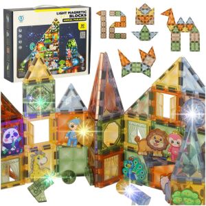 Ikonka 3D Magnetic Building Blocks 90 pcs set, illuminated construction with animal figures - Magnetic building game