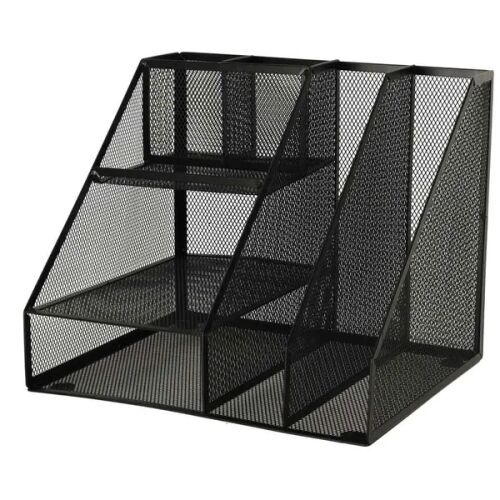 Schräge Ansicht eines schwarzen Metall Schreibtischorganizers mit 6 Fächern
