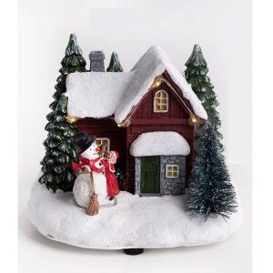Karácsonyi dekoráció: LED-es havas erdei ház hóemberrel és kislány figurával. - Karácsony