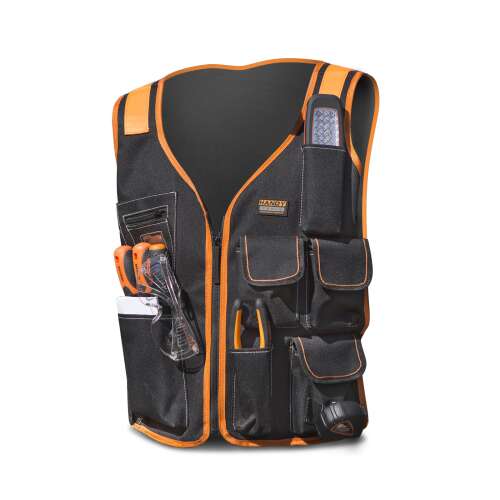 Handy Work Vest with 7 pockets, black and orange, for electricians, plumbers, and handymen