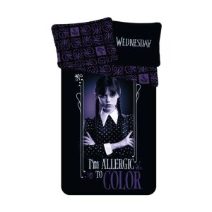 Set lenjerie de pat Wednesday Addams, husă de plapumă și față de pernă negru și violet - Lenjerie de pat