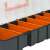 Inside view of the black and orange plastic storage box with transparent lid, showing the 7 compartments