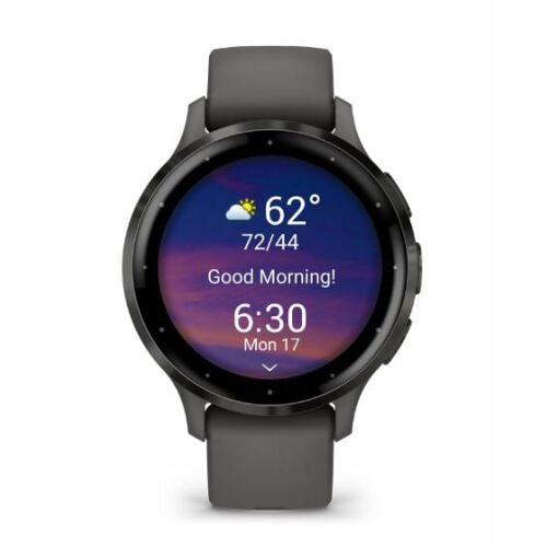 Smart hodinky Garmin Venu 3S so sivým rámikom a silikónovým remienkom, zobrazujúce počasie a čas